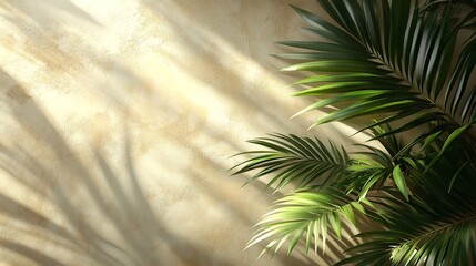 A large green plant with long leaves is growing in front of a tan wall. The plant is tall and has a lot of leaves, giving it a lush and vibrant appearance.
