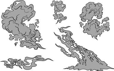 Hand-drawn set of vector smokes of shapes in a cartoon style.special effects template.Clipart element.steam clouds, puff, mist, fog, vapour or dust explosion 2D. isolated background sky, vector
