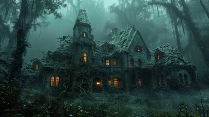 Abandoned haunted house surrounded by foggy forest at twilight
