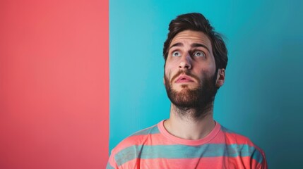 Obraz premium Portrait of a bearded man in a striped shirt against a split background of pink and blue, looking upwards pensively.