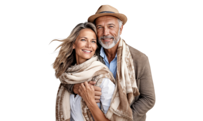 Happy senior couple smiling and hugging each other, isolated on a transparent background