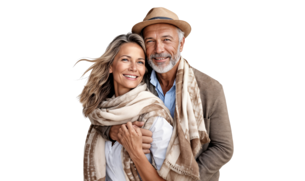 Happy senior couple smiling and hugging each other, isolated on a transparent background