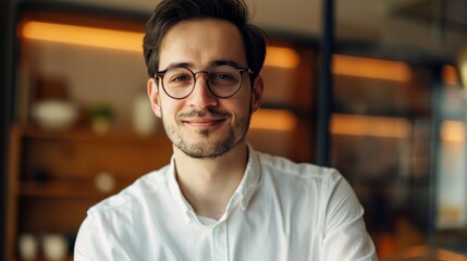 Fototapeta premium A professional looking confident and approachable in a modern office setting, wearing glasses and a white shirt.