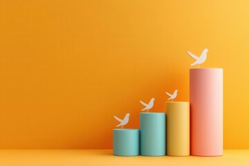 Colorful cylindrical bars rise against a vibrant orange background, featuring white bird silhouettes symbolizing growth and freedom.