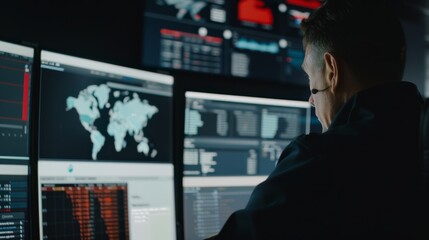 Fototapeta premium A man in a control room analyzing multiple screens displaying global data and security information, deeply focused on his task.