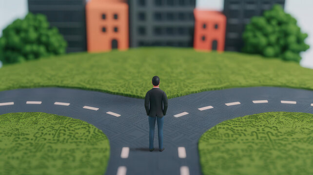 Person standing before a split road in a city, deciding which direction to go, choice, urban decision