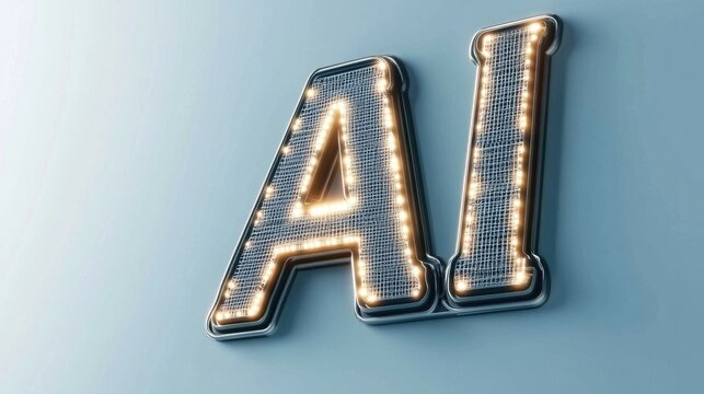 Floating 3D lettering of AI crafted from metal gears and glowing edges against a soft blue backdrop - Powered by Adobe