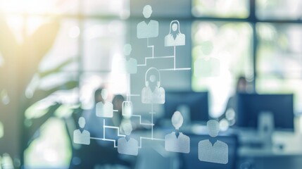 An abstract digital representation of an organizational chart, illuminated by soft daylight, highlighting the structure of a team in a modern office setting.