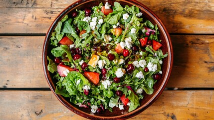 A vibrant summer salad featuring gooseberries, mixed greens, goat cheese, and a honey vinaigrette, served in a large ceramic bowl on a wooden table
