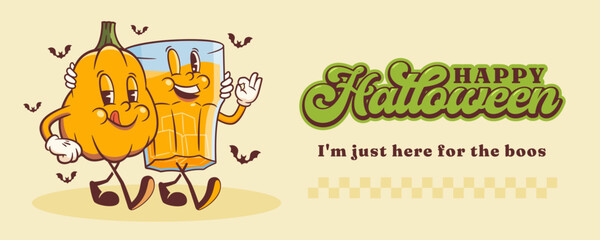 Halloween Groovy Pumpkin Spice and Booze Retro Characters Banner. Cartoon Alcohol Glass Walking and Smiling. Vector Funny Autumn Holiday Mascot Template. Happy Vintage Cool Illustration Isolated