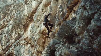 A climber carefully makes their way up a textured rock face, embodying strength, difficulty, and connection with nature.