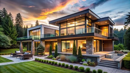 Obraz premium Luxurious modern residence with sleek lines, expansive windows, and stunning outdoor spaces, perfectly blending into the surrounding natural landscape.