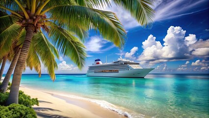 Fototapeta premium Luxurious ocean liner glides through turquoise Caribbean waters, majestic palm trees and powdery white sand beaches of a romantic tropical island fading into the horizon.