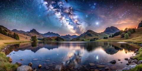 Panoramic view of the milky way over Blea Tarn in the English Lake District, Milky Way, Blea Tarn