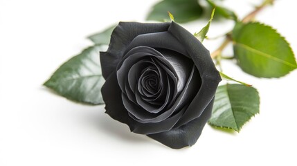 Black rose with isolated leaves on a white background