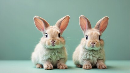 Obraz premium Cute bunnies on a pastel green background, soft and adorable.