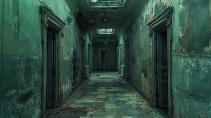 Obraz premium Abandoned hallway with peeling paint and dim lighting in an old building