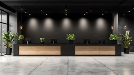 Modern reception area with sleek design, natural plants, and warm lighting, creating an inviting atmosphere for guests.