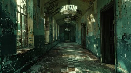 Fototapeta premium Abandoned corridor of a dilapidated building with peeling paint and broken windows