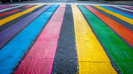 Vibrant rainbow crosswalk on a city street during daytime