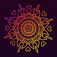 Bright orange-yellow outline flower Mandala on a dark background