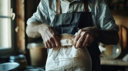 Hands gently opening a sack of grains in a rustic, sunlit kitchen, highlighting themes of traditional food preparation and organic living.