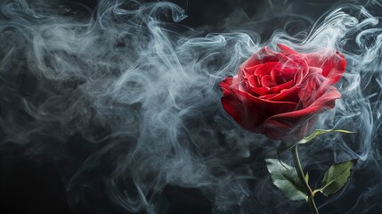 Red rose wrapped in smoke swirl on black background