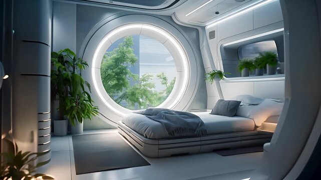 The interior of the one-person capsule room for the next generation of rest areas in the near future office environment, High-tech features, Future bedroom, Modern Style	