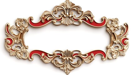 Elegant 3D Red Rose and Brass Baroque Frame on Ivory White Background - Vector Illustration with Ornate Design
