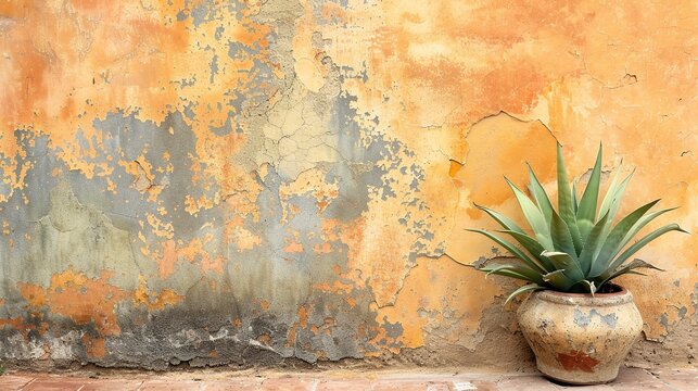 Green plant in contrast to aged adobe wall in Mexico