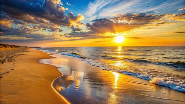 Serene Hamptons beach at golden hour with warm sunset tones reflecting over calm waters, Hamptons, beach, golden hour