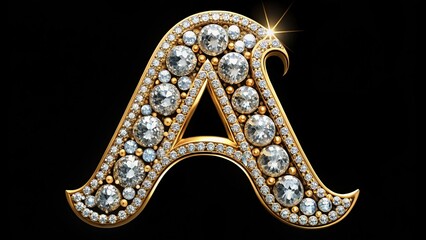 Fototapeta premium Luxury alphabet letters adorned with gold and diamonds against a black background, highlighting opulence and sophistication in a glamorous, high-end fashion setting.