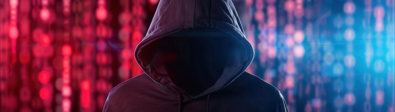 Hooded silhouette with glowing lines of code streaming down, hacking in progress, cybersecurity breach visual