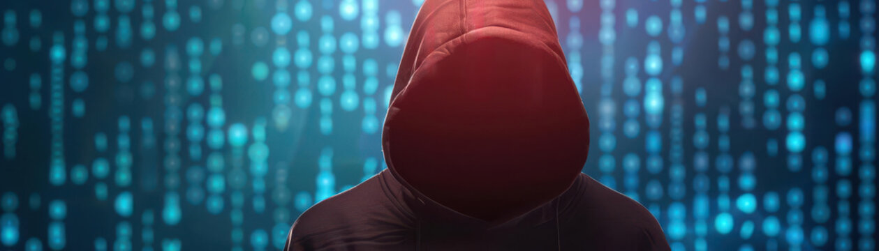 Hooded silhouette with glowing lines of code streaming down, hacking in progress, cybersecurity breach visual