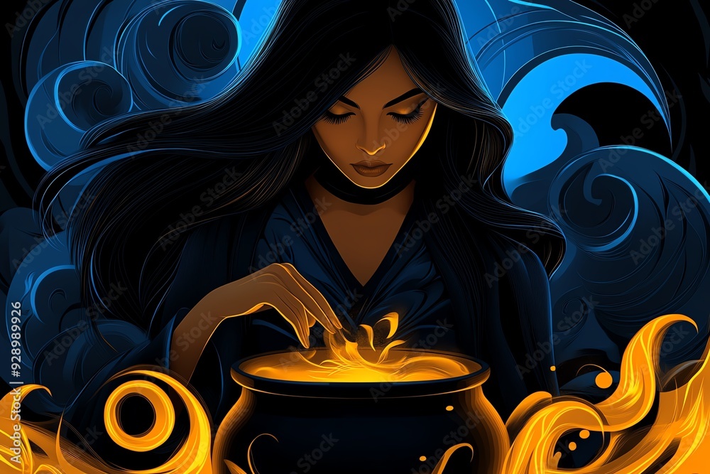 Poster a witch practicing divination with a cauldron