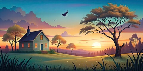 Naive landscape art of a house, trees, and bird at dusk, naive, landscape, art, house, trees, bird, dusk, nature, peaceful