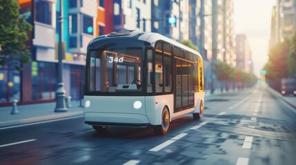 Fototapeta premium A futuristic autonomous bus glides through a city street lined with modern buildings, bathed in the warm light of a serene sunset.
