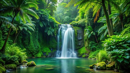 Tropical waterfall cascading down lush green foliage in a serene forest setting, waterfall, tropical, forest, nature, beauty