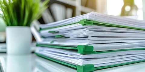 , A stack of white and green tabbed documents in an office 