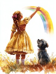 A young girl in a yellow dress reaches for a vibrant rainbow while her dog watches, capturing the essence of joy and friendship.