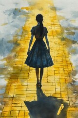A silhouette of a woman in a blue dress walking down a golden path, evoking a sense of adventure and mystery.