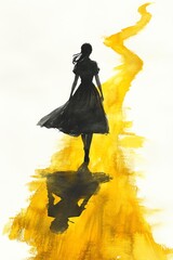 A silhouette of a woman walking along a vibrant yellow path, evoking feelings of freedom, journey, and artistic expression.