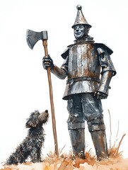 A whimsical illustration of a tin man with a dog, capturing a sense of adventure and companionship in a fantastical setting.