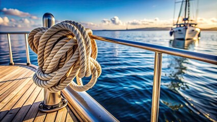 Obraz premium Rope tied to railing on a sailboat deck , nautical, maritime, ship, sailing, vessel, rigging, mooring, knot, tying, secure, line