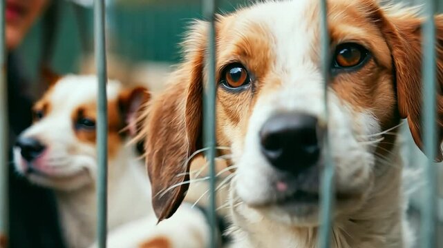 Yearning for Forever Homes: Two soulful dogs peer through a shelter kennel, their hopeful eyes reflecting the longing for love and warmth.  