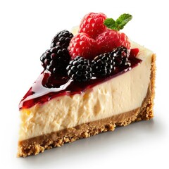 A delectable slice of cheesecake with raspberries and blueberries on top,