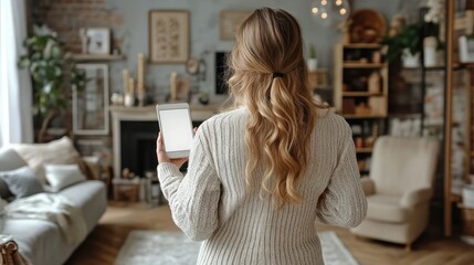 Obraz premium Pregnant woman in stylish living room with tablet