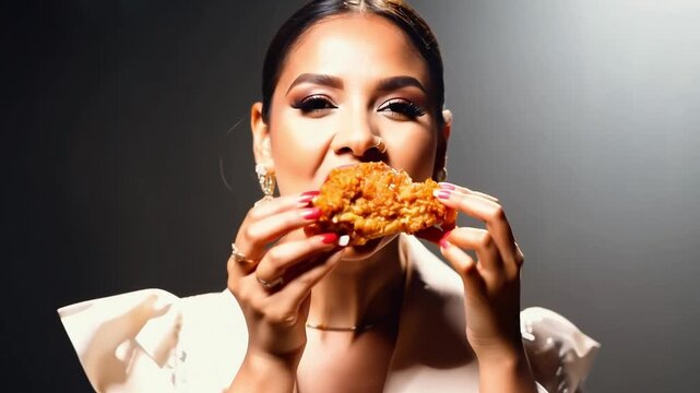 The Taste of Victory: A woman savors the crispy goodness of a fried chicken leg, her eyes closed in pure bliss. The golden brown crust and juicy meat are a culinary delight 