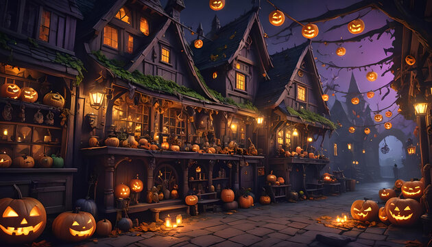 halloween castle night background with pumpkin