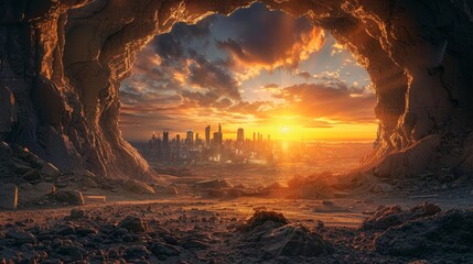 Fototapeta premium Sunset view from a cave revealing a futuristic city skyline in the distance